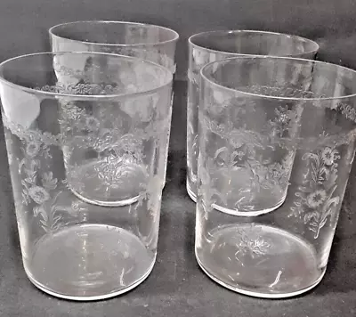 4 Heisey ? Etched Clear Tumbler 3.5” Tall X 2 3/8   Dia. Like Chitz Pattern • $32.99