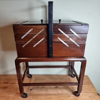 LARGE Vintage Wooden Cantilever Tier 3 Sewing Box On Legs+wheels - 26x57x46cm • £100