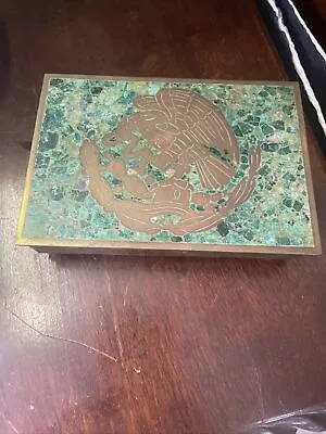 Vintage Mcm Mexican Inlsid Eagle Brass Box Malachite Terrazo Lid  • $99