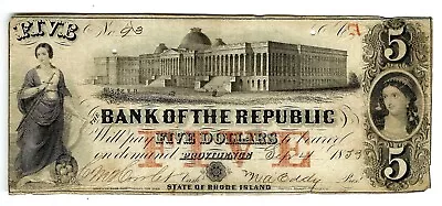 Original U.s. Capitol Dome!  Pre Civil War 1855 Providence Ri $5 Note(93). • $49.99