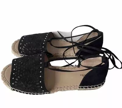 Merona Black Peep Toe Lace Up Flat Sandals 9.5 • $10