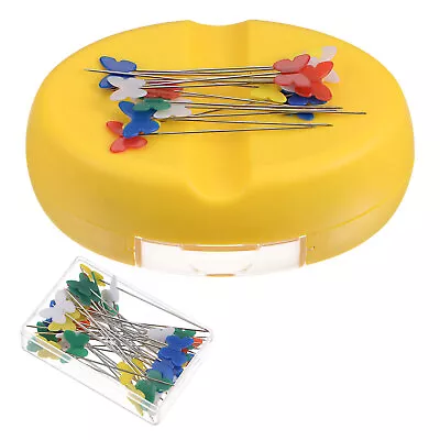 Magnetic Pin Cushion With 50pcs Butterfly Plastic Head Pins With Drawer Yellow • $14.24