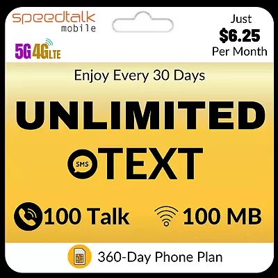 SpeedTalk SIM Card Unlimited Text 100 Talk & Data Prepaid Phone Plan $6.25/Mo. • $75