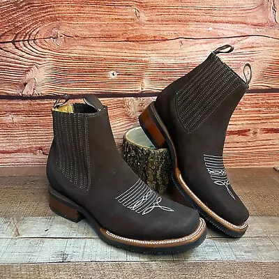 Men Western Cowboy BROWN Square Toe CHELSEA Ankle Boot VAQUERO Botin Cuadrada • $109.99