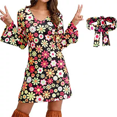 Womens Vintage Hippy 70's Dress Hippie Disco Retro Fancy Dress Costume Outfit • $29.69