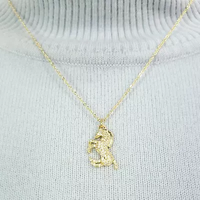 N0142 Dainty Gold Tone Cubic Zirconia CZ Mini Horse Mustang Pendant Necklace • $9.99