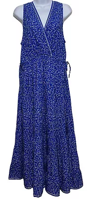 Max Studio Dress Women M Blue Ditsy Floral Sleeveless Maxi Side Tie Cinch Waist • $24.99