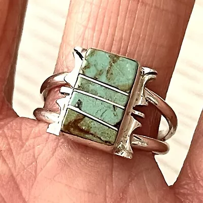 Navajo #8 Mine Turquoise Ring Sz 8.25 Sterling Signed Steve Francisco Rect S • $54.94