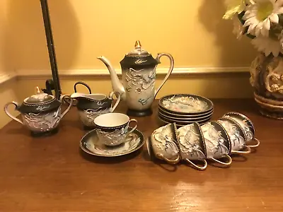 Vintage Japanese Dragon Ware Moriage Tea/Coffee Set. Grey/Blue/Gold. 15 Pieces • £25