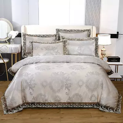 Beyeutao Jacquard Duvet Cover King Bedding Lace Satin Gray Duvet Set 3-Piece Set • £49.05