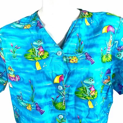 Cherokee Frogs Lily Pond Scuba Lifeguard XL Button Down Scrub Top • $15.99