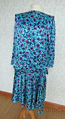 £38 • Buy Vintage Simon Ellis 1980's Vibrant Blue/Pink/Black Floral Silky Dress Size 10