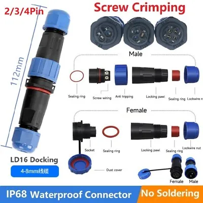 LD16 2/3/4Pin  Aviation Plug Socket No Soldering Inline Connector Screw Crimping • £8.24