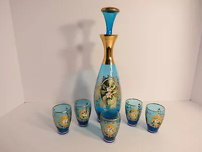Vintage Hand Painted Glass Decanter Murano 6 Piece Bar Set Liquor Cordial Italy • $79.99
