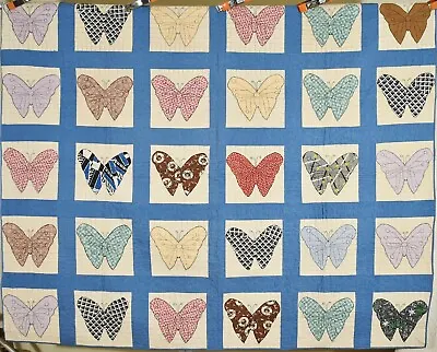 BEAUTIFUL Vintage 30's Butterfly Applique Antique Quilt Nice Solid Blue Accents • $465