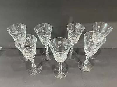 Set Of 7 Vintage Etched Gray Cut Floral Design Wine Glasses Water Goblets • $40