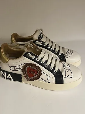 Dolce Gabbana Sneakers Authentic White Leather Hearts Red And Gold Woman  • $130