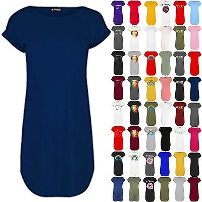 £3.49 • Buy Ladies Womens Baggy Curved Hem Longline Tunic T-Shirt Turn Up Sleeve Mini Dress