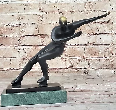 Abstract Modern Art Ice Skater Bronze Sculpture Green Marble Base Figurine Figur • $124.50