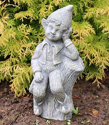 Garden Ornaments Sitting Garden Boy On Log Fairy  Solid Stone Sculpture DS5302 • £12.95