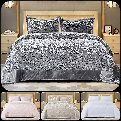 3 Piece Soft Quilted Velvet Bedspread Comforter Bed Throw Bedding Set All Sizes • £58.99