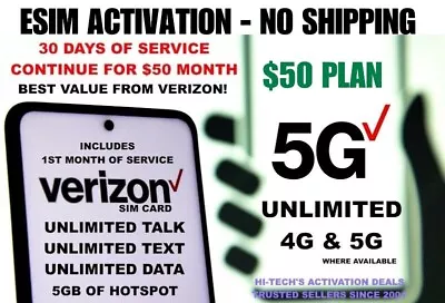 $50 Verizon 😃 Esim  Activation ✅ $50 Month Unlimited  ✅ No Shipping • $29.95