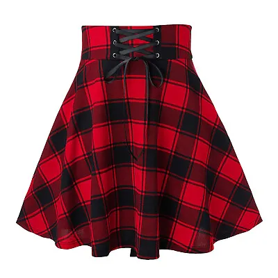 $16.91 • Buy Women Plaid Mini Skirt Gothic High Waist Skater Lace-up Ruffle Short Flare Skirt