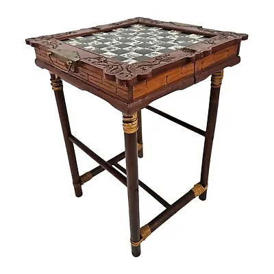 Vintage Chess Table Bamboo Base Folding 2 Piece Asian Carved Chinese • $184