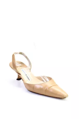 Manolo Blahnik Women's Pointed Toe Sling Back Kitten Heels Sandals Beige Size 9 • $75.61