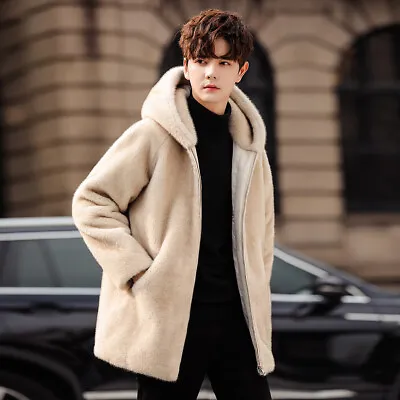 Men Fur Mink Plus Velvet Thickened Jacket Coat Casual Warm Hooded Mid Length Top • $146.29