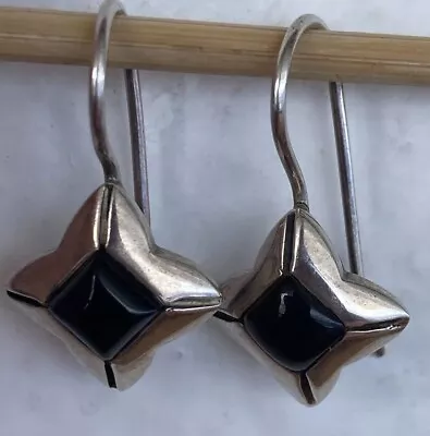 Vintage Black Onyx Diamond Modernist 925 Sterling Silver Drop Hook Earrings • $19.95