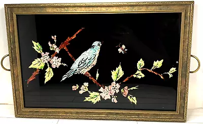 Vintage Foil Art Reverse Painting Tray Birds Flowers Wood Framed Brass Handles • $53.99