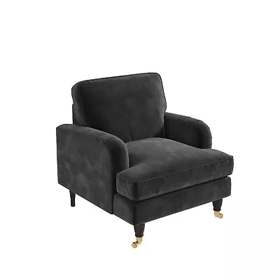 Grey Velvet Armchair With Dark Wood Gold Legs Saddle Arms Traditional Style • £255.92