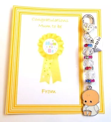 Mum / Mother To Be Baby Shower Bag Charm Enamel Baby Crystals Heart Mum To Be • £4