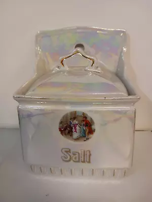 Vintage Mepoco Lusterware Hanging Ceramic Salt Canister Jar Box 6.25  Germany • $26