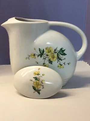 Vintage Knowles Utility Ware Pitcher Ice Lip Yellow Flowers Art Deco Design 7  H • $24