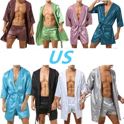 US Men Satin Silk Hooded Kimono Robe Short Bathrobe With Shorts Belted Sleepwear • $23.08