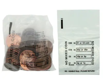 100 X Plastic COIN BAGS No Mixed Coins MONEY BANK Retail CHANGE Denominated Bag • £2.10