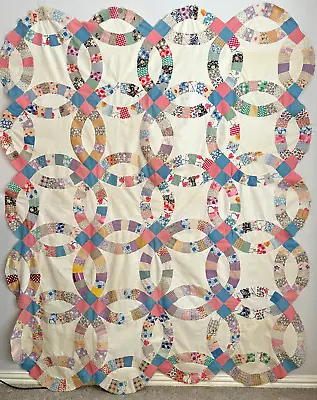 Vintage Hand And Machine Sewn Double Wedding Ring Quilt Top - Some Feedsacks • $140