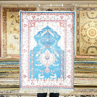 2'x3' Handmade Silk Carpet Blue Prayer Muslim Home Decor Soft Area Rug 272AB • $444
