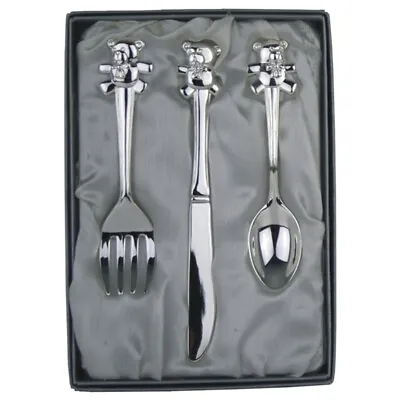 Silver Plated Teddy Bear Cutlery Childs Spoon Set Gift Box Christening Baptism • £11.49