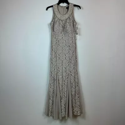 R & M Richards Womens 10 Champagne Lace Pearl Neck Gown NWD BO57 • $20