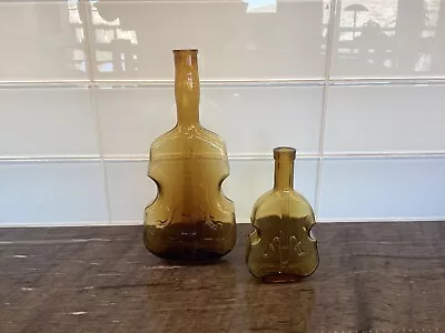 Pair Of Antique Amber Violin Flask Bottles Large And Small • $56