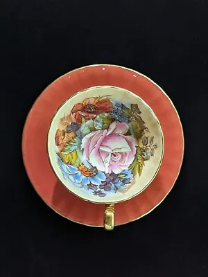 Aynsley J A Bailey Signed Rust Cabbage Rose Tea Cup Saucer 1033 Orange Butterfly • £282.91