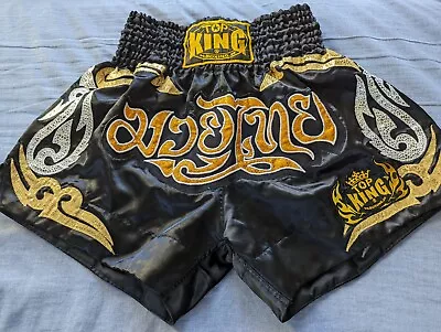 Top King Muay Thai Boxing Kickboxing Shiny Nylon Black Gold Shorts Men's Sz XL  • $49.99
