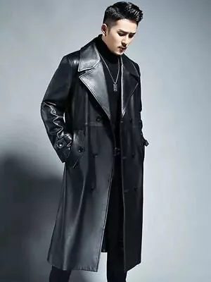 Spring Autumn Men Long Black Pu Leather Trench Coat Double Breasted Outerwear • $103.37