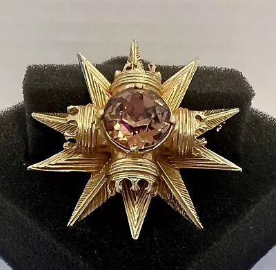 Benedikt NY Brown Topaz Rhinestone Maltese Cross Brooch Pendant Vintage 2.5” • $49