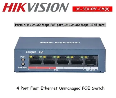 Hikvision DS-3E0105P-EM(B) 4 Port Fast Ethernet Unmanaged POE Switch • $54.95