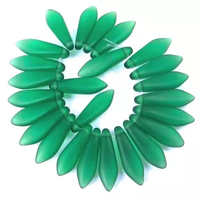 25 Czech Frosted Sea Glass Dagger Beads - Matte - Green Emerald 16x5mm • $4.50