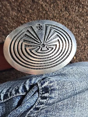 Signed Hopi  Man-in-the-Maze 925 Sterling Silver Belt Buckle With Leather Belt • $500